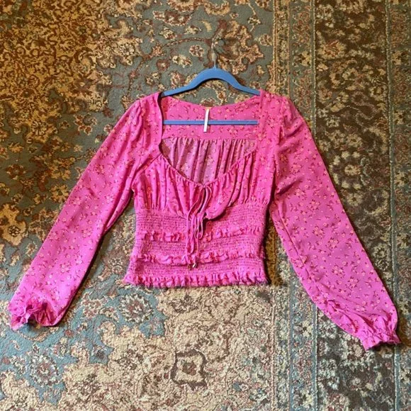 Free People Pink Peasant Top Smocked size S - Picture 4 of 8